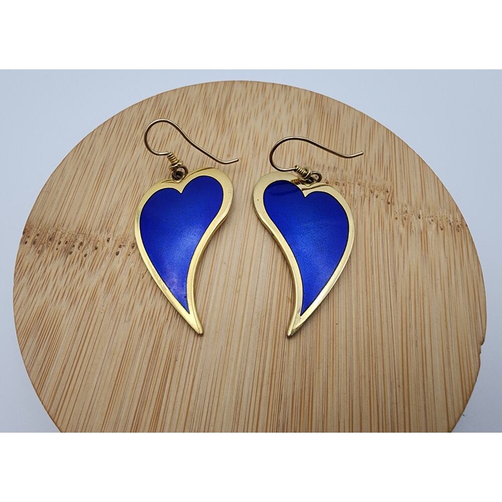 Vintage Laurel Burch Heart Dangle Earrings Blue Enamel Gold Tone 1.5"